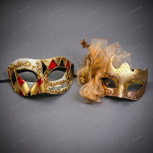 Venetian Jester Harlequin Glitter Bow Masquerade Mask Gold Red Halloween